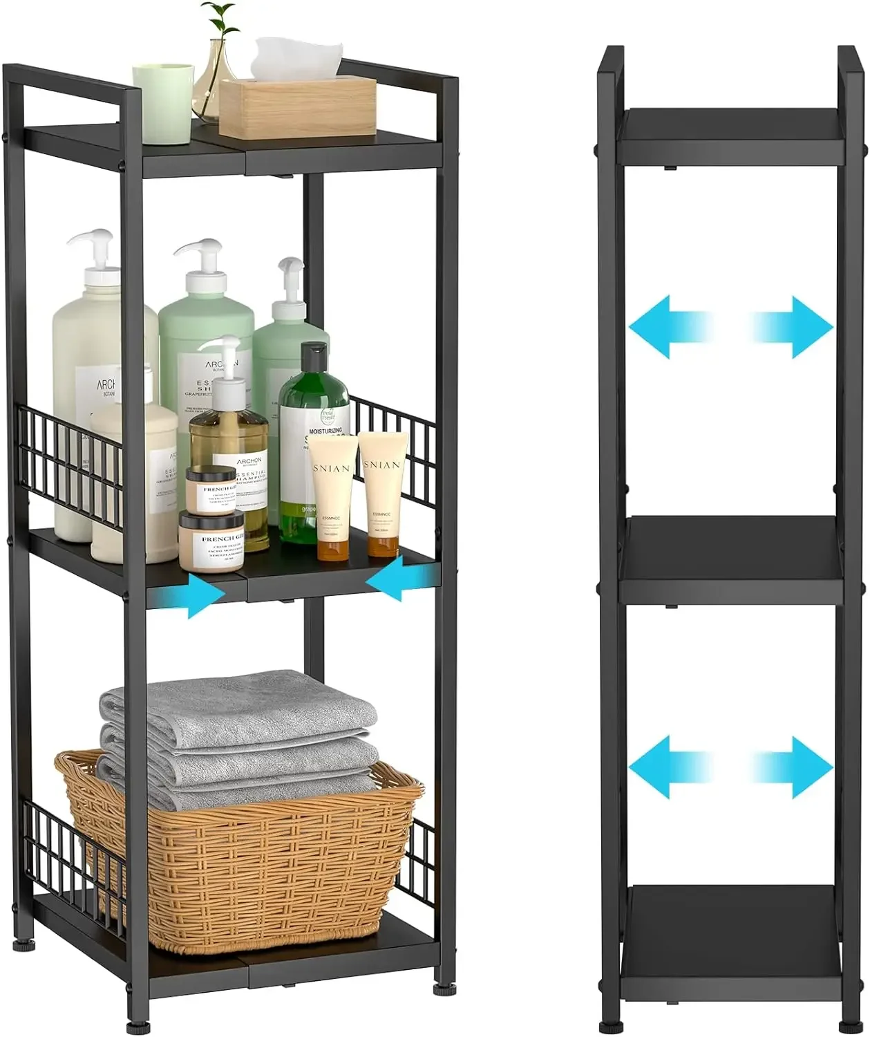 DAOUTIME 3-Tier Metal Shelving Unit, Expandable, Free-Standing, Narrow, Open Floor Shelves, Ideal for Bathroom, Kitchen