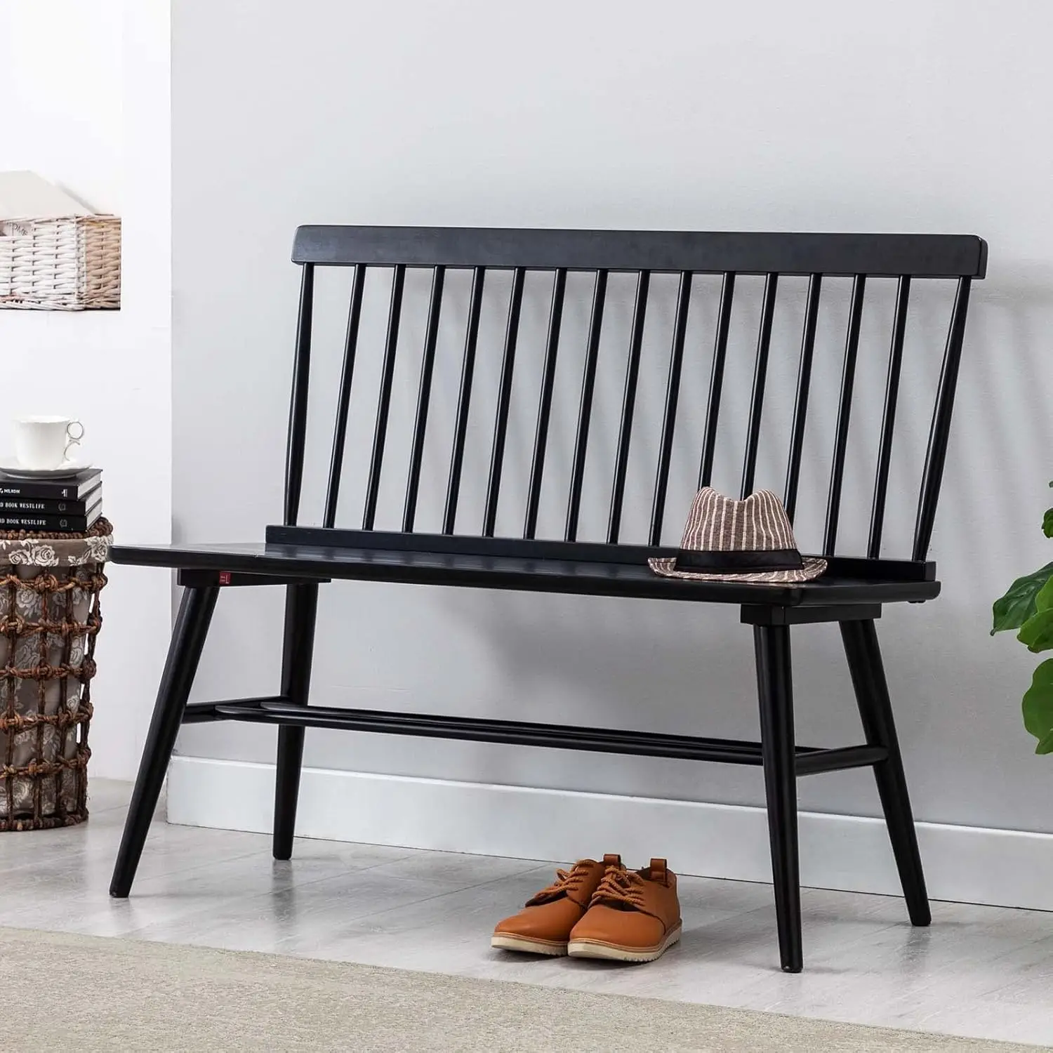 Entryway Bench, Black Dining Bench with Spindle Back Farmhouse Wood Windsor Bench for Foyer Balcony Living Room, Black