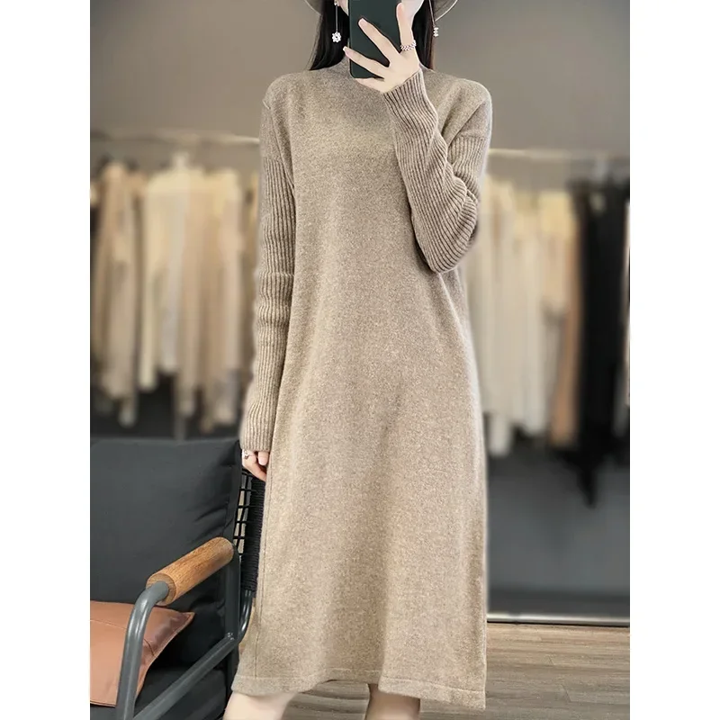 

Tailor Sheep New 2023 Women's 100% Australian Wool Dress Sweater Solid Knitted Elegant Full Sleeve Women's High Neck Wool Dress