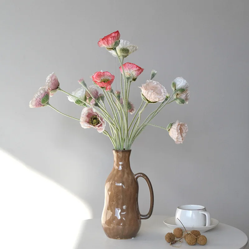 5Pcs Artificial Flower Flocked Poppy Marriage Decor Bridal Bouquet Wedding Flower Arrangement Party Table Accessories Poppies
