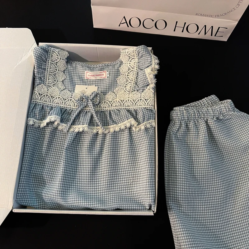 

New Summer Women's Spwear ort Sve Thin Pure Cotton Home Clothes Set Princ Blue Large Size Comfortable Breathable