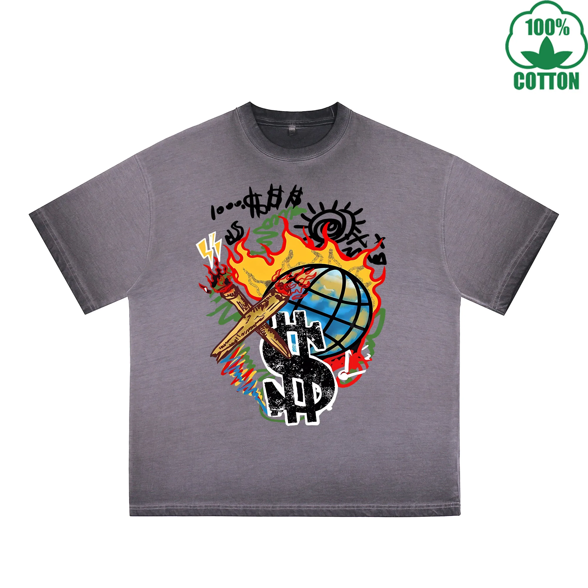 

Chaotic Doodle Printed Dirty WashT-Shirt 230G Multicolor Loose Trendy Fashionable 100%Cotton Short Sleeve Top