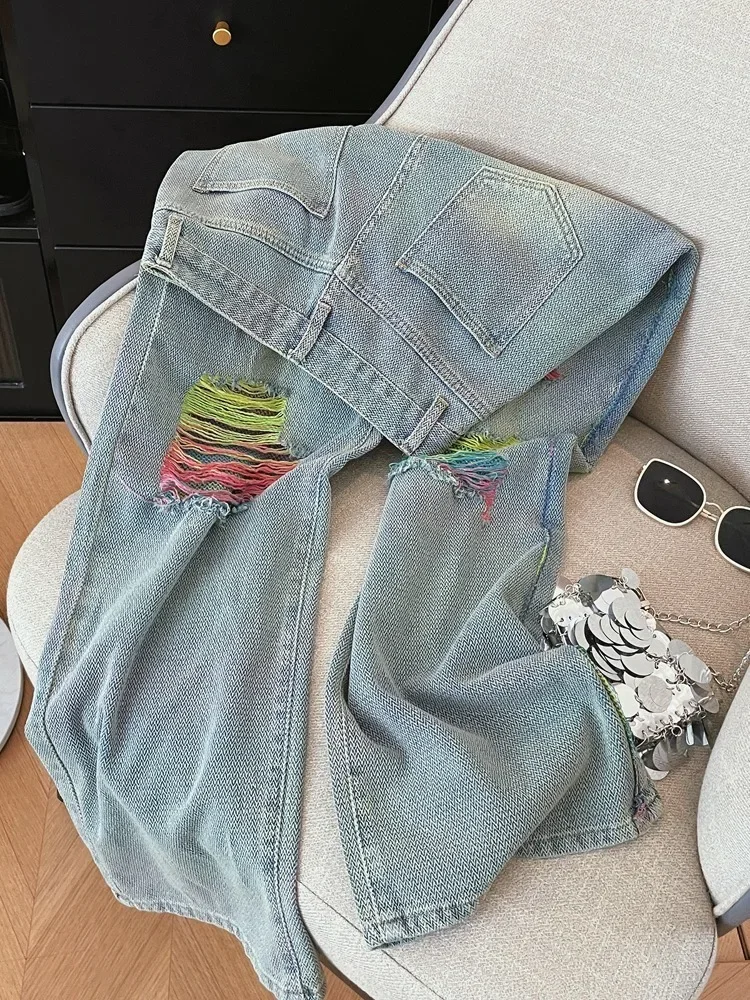 

Designer Style Hole American High Street Denim Wide Leg Pants for Women Summer High-end Floor Mopping Pants