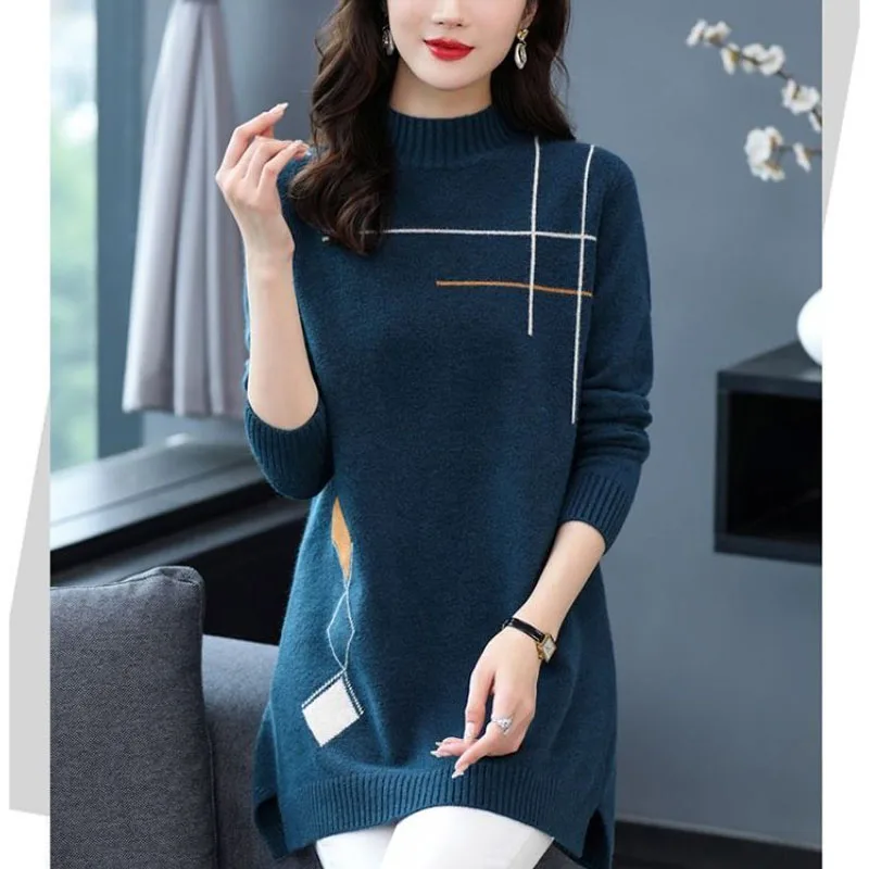 2024 Autumn Winter New Women\'s Half High Collar Loose Sweaters Fashion Casual All-match Mid Length Version Long Sleeve Tops