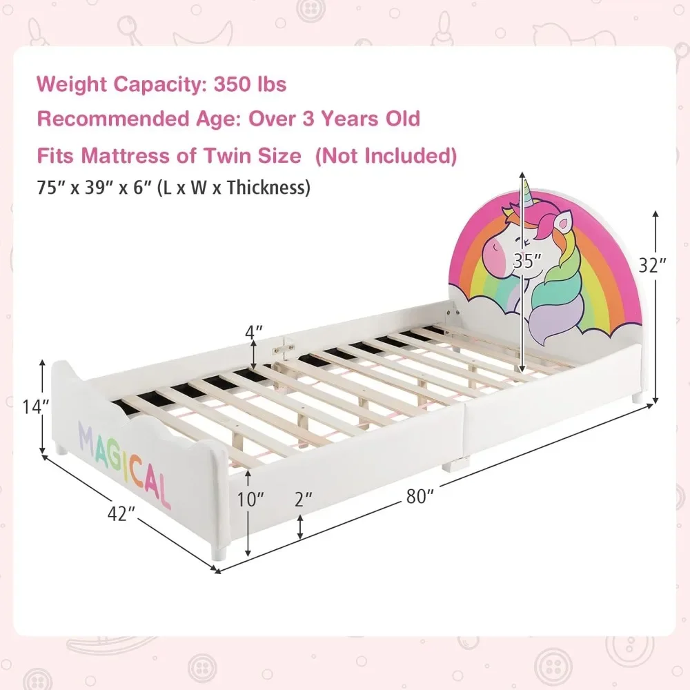 Children's Double Bed Frame, Wooden Cushion with Flat Noodles Support, Padded Headboard and Footrest, Without Box Spring