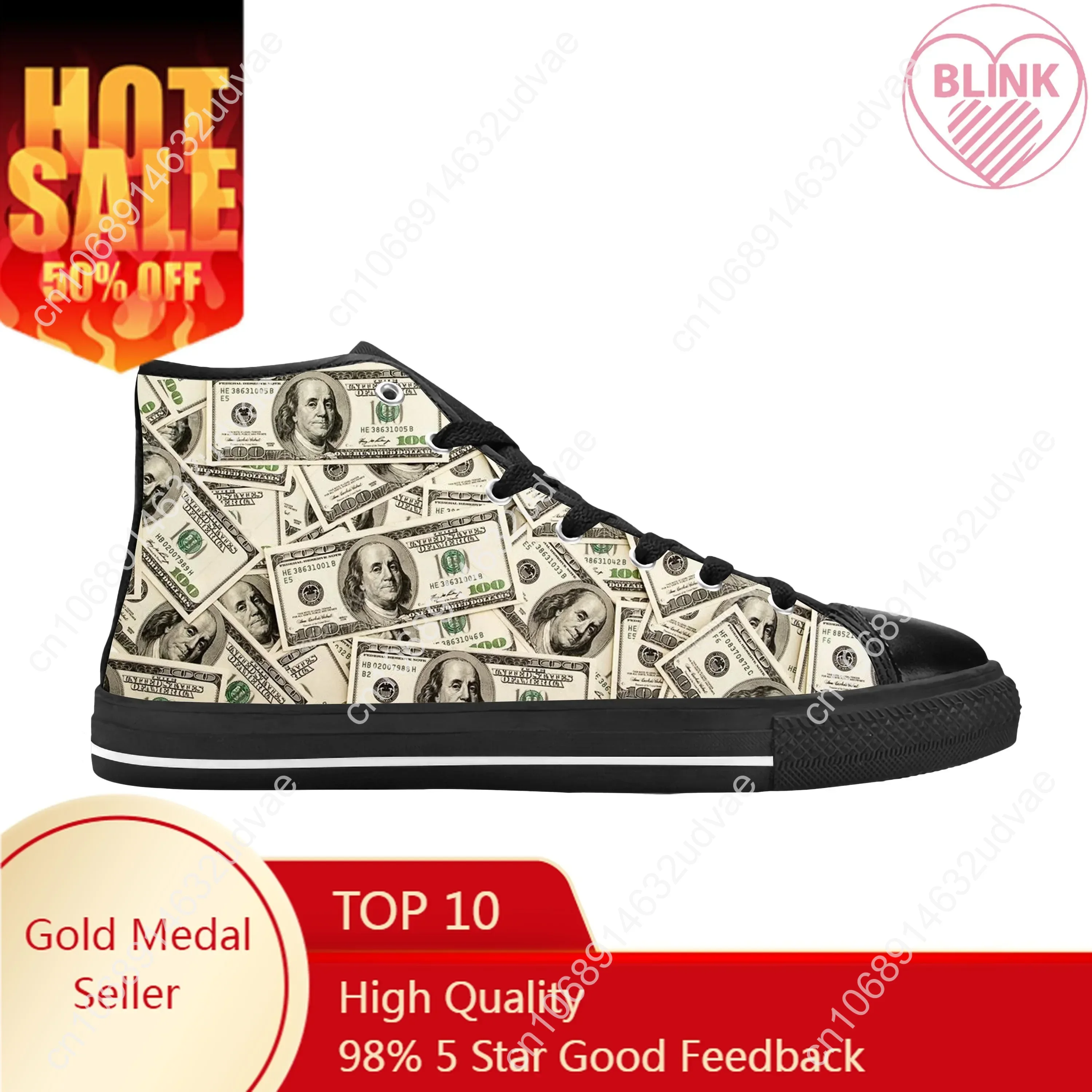 

Gothic Dollar Bills Dollars Money Pattern Fashion Casual Cloth Shoes High Top Comfortable Breathable 3D Print Men Women Sneakers