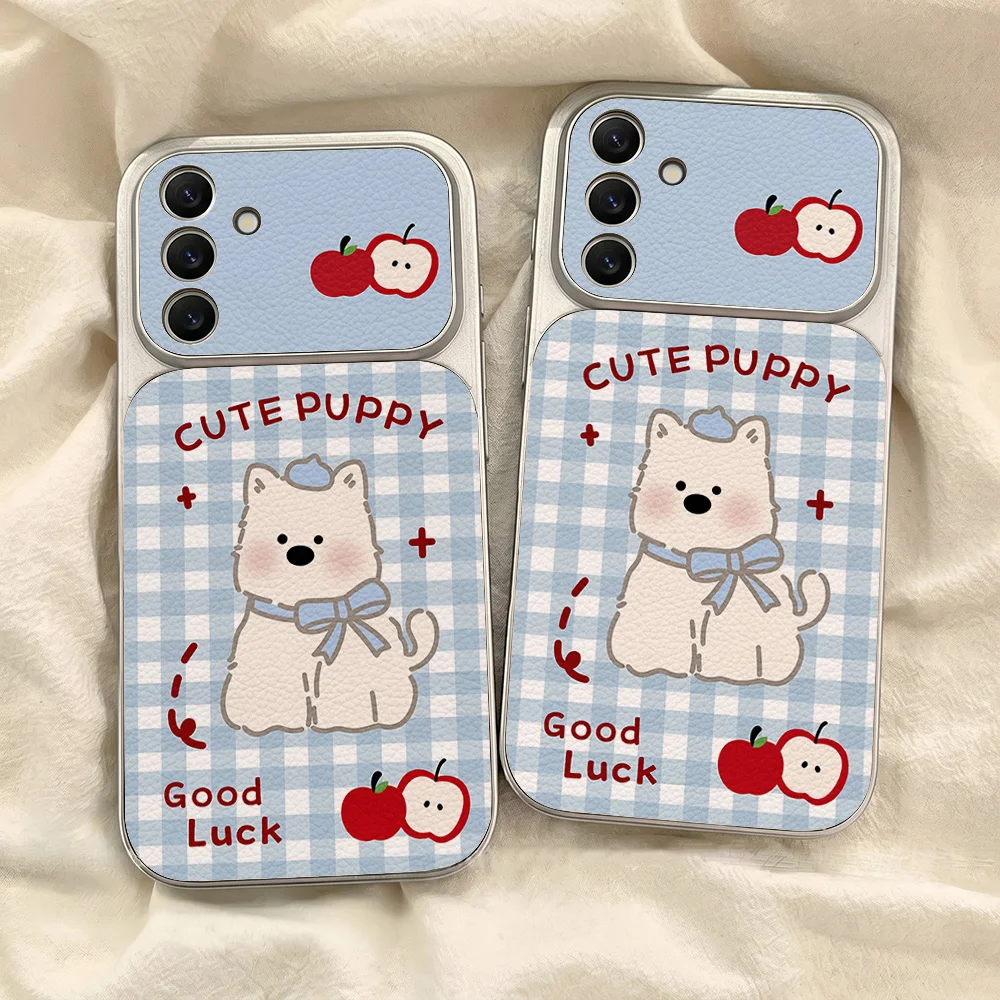 Blue Plaid Puppy Pattern Phone Case For Samsung A57 A27 A56 A16 A36 A37 A17 A07 A26 S24 S25 S26 Ultra Leather Soft Lanyard Cover view 2