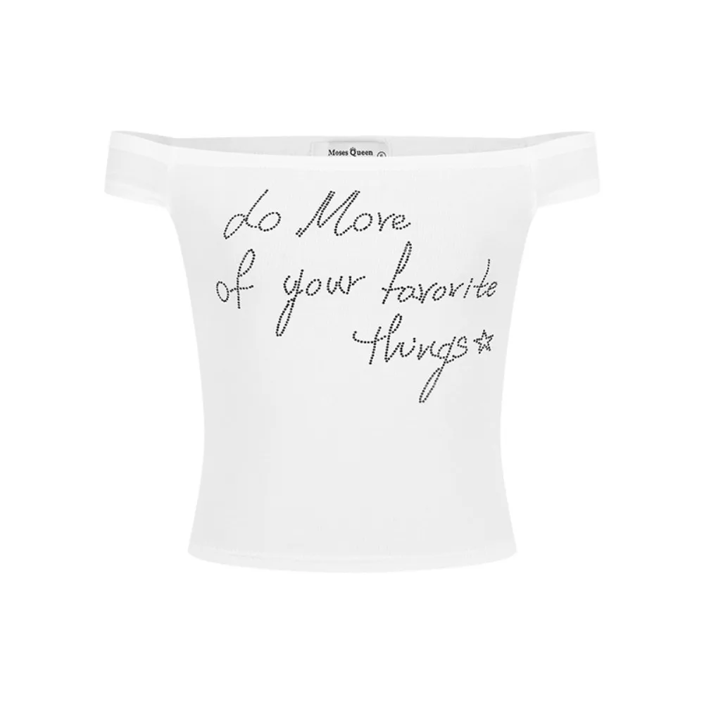 

Chic Ins Off Shoulder Crop Top Sweet Female Clothing Rhinestone T-shirt Slim Fit Bottoming Shirt Women Female
