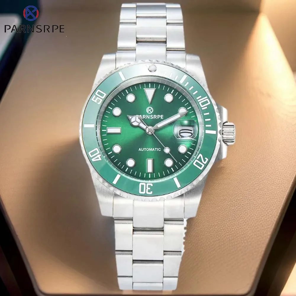 

Parnsrpe Brand Men's Luxury Business Watches High Quality 316L Stainless Steel Case Strap Ceramic Bezel Green Waterproof Watch