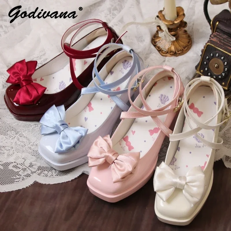 

Lolita Sweet Square Toe Chunky Heel Spring and Autumn Women's Paltform High Heels Pumps Sweet Bow Mary Jane Leather Shoes