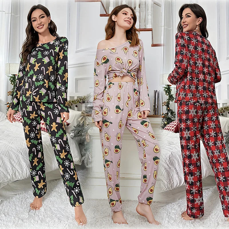 

Christmas Pajamas Family Set Long Sleeve Woman Satin Pajama Sets 2 Piece Lady Lounge Pyjamas Women Pijama Sleepwear Nightwear