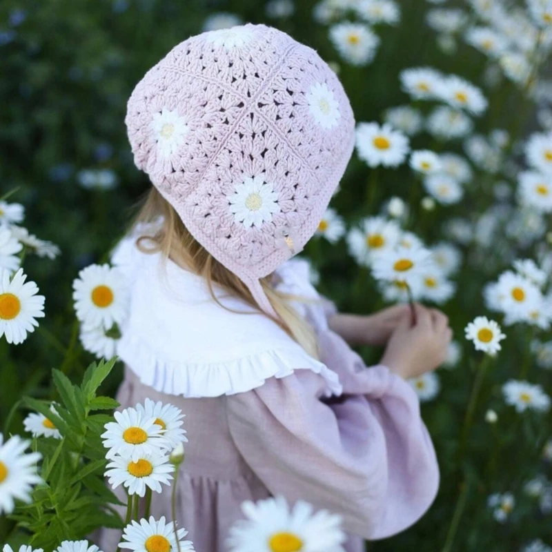 Gorro de lana de punto para bebé y niña, gorro de encaje de princesa hecho a mano, ajustable, con orejeras, para primavera y verano