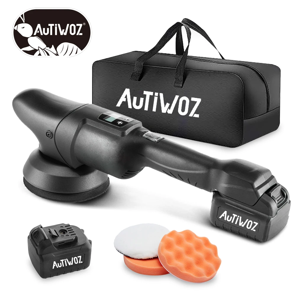 AUTIWOZ 125mm Cordless Car Polisher Set 4.0Ah Battery Wireless Car Polishing Machine Dual Action LCD Display Soft Start Polisher