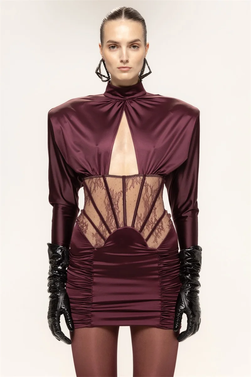 Robe de bal de luxe en Satin pour femmes, Corset ajouré, manches longues, gaine formelle de bal de mariage, Slim, courte, Mini Robe de soirée