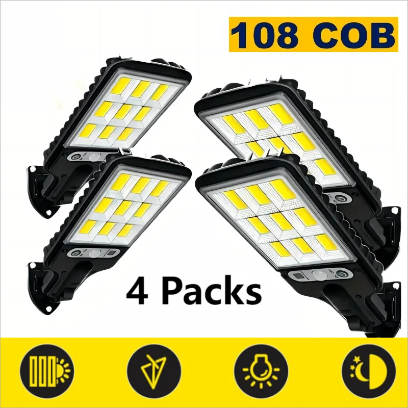 1/2/4-Pack Solar Street Lights, 108 COB LED Outdoor Wall Lights with Remote Control and Motion Sensor, Adjustable 3 Modes, Suita