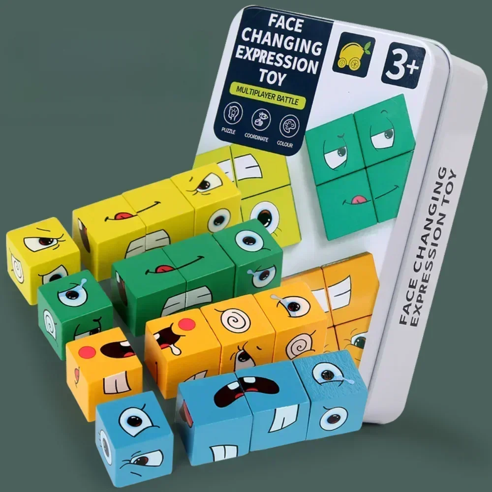큐브 얼굴 변경 나무 퍼즐 빌딩 블록 보드 게임 몬테소리 표현 어린이를위한 나무 블록 Blocos 어린이 장난감 선물