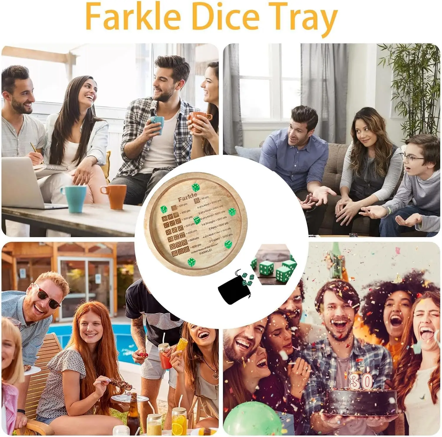 Farkle Dice Tray - Wooden Farkle Classic Dice Game Tray with 6 Dice, Dice Tray for Rolling for The Family Party Travel Game