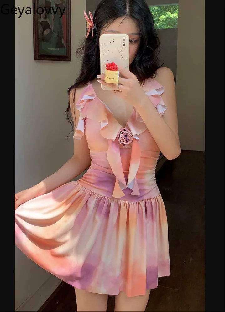 

Sweet Cute Girls Swimwear Summer New Ruffle Edge V-neck Dress Swimsuit Pink Smudge Seaside Vacation Suspender Bathing Suit