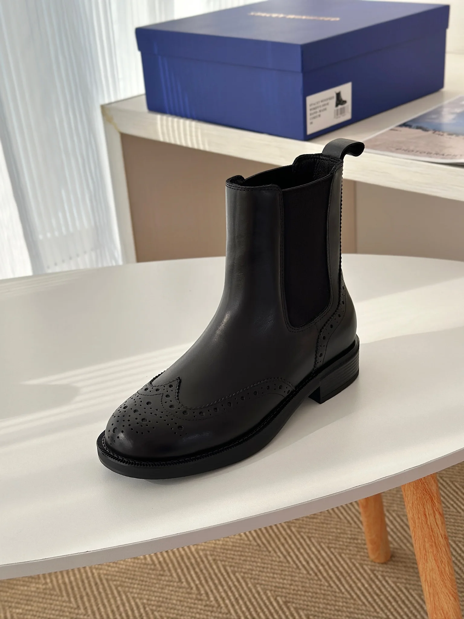 Picture 4: Women Brogue Chelsea Boots Black Genuine Leather Ankle Boots Elastic Side Panels