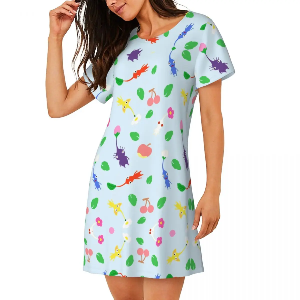 Custom Pikmins Pattern Video Game Pullover Nightgown For Sleeping Loose Sleepdress Pajama Dress Soft Nightdress Sleepwear