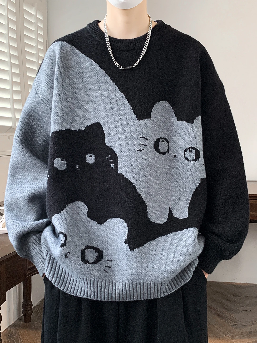 Autumn and Winter New Hot Sale Men's Black Khaki Green Loose Casual Daily Round Neck Long Sleeve Knitted Sweater