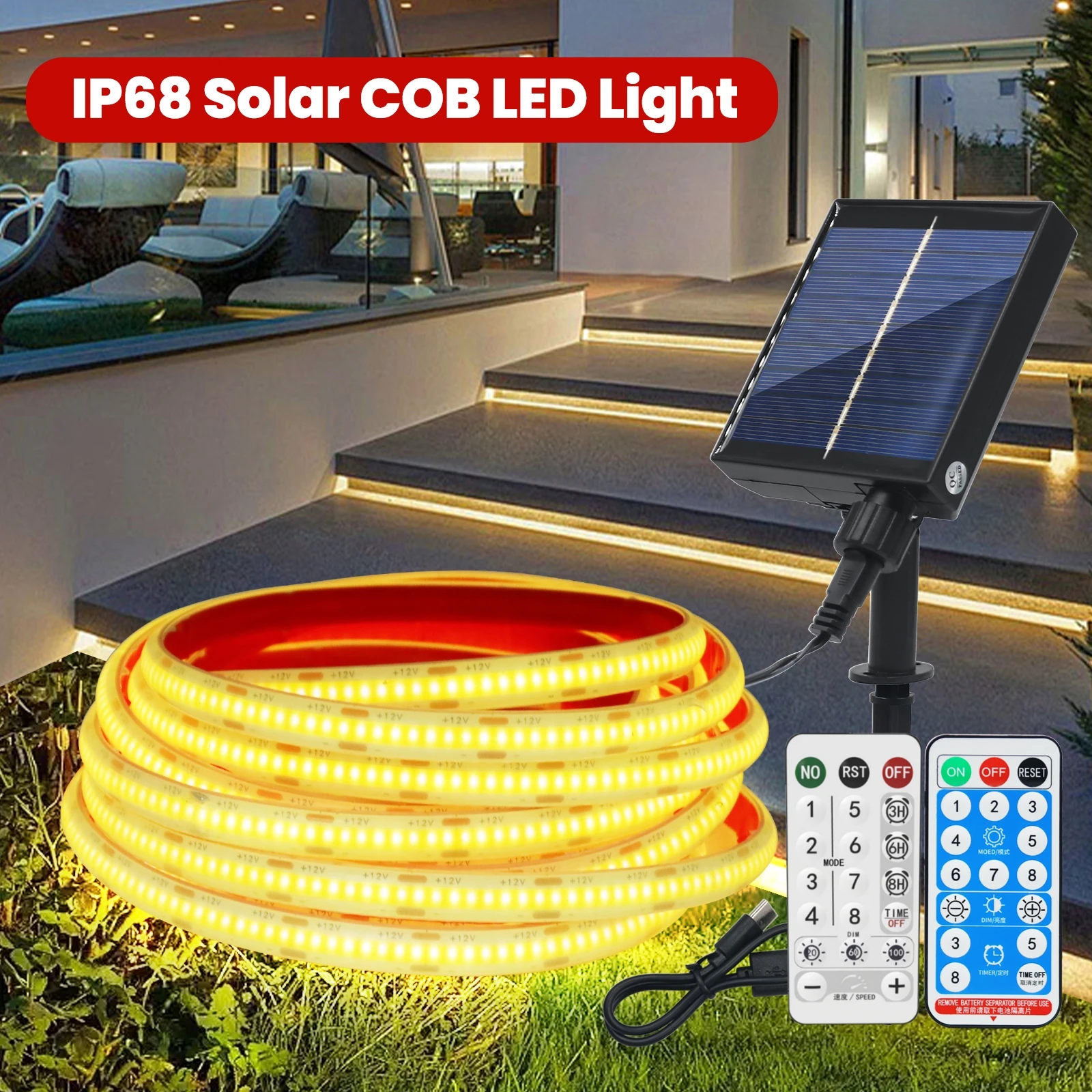 

12V 24V Dimmable Solar COB Strip Outdoor IP68 Waterproof 320LEDs/M RA90 High Density Flexible Ribbon Tape Lamp 3000K 4000K 6000K