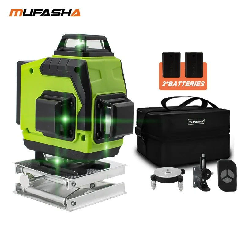 MUFASHA rotary laser level for outdoor 4D 16 lines 360 Degree green beam Tile Self-leveling Tool with two batteries T123