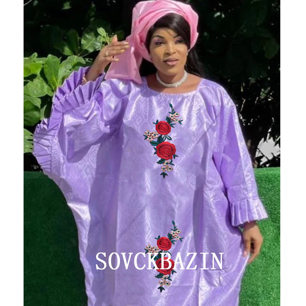 

New African Women Bazin Dress Mix Size Basin Rich Evening Wedding Dresses From Senegal Sewed Dashiki Long Robe With Headscarf