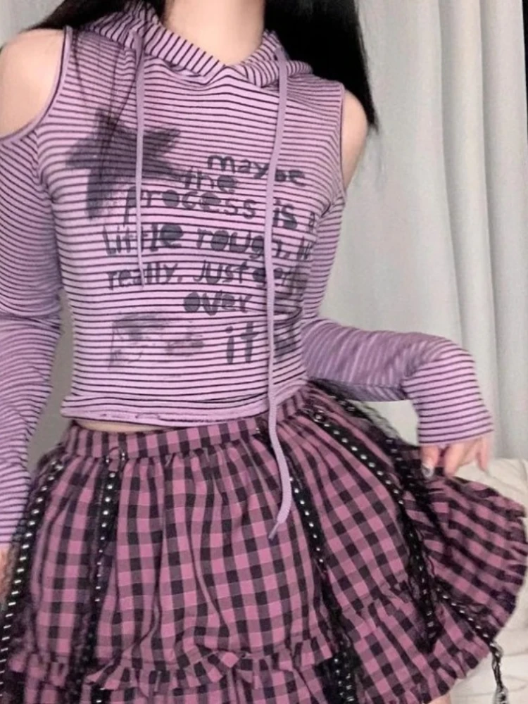 

Japanese Kawaii Girls Rabbit Ear Hooded Tee Y2k Aesthetic Striped Letter Print Crop Top Harajuku Slim Off Shoulder T-shirt Women