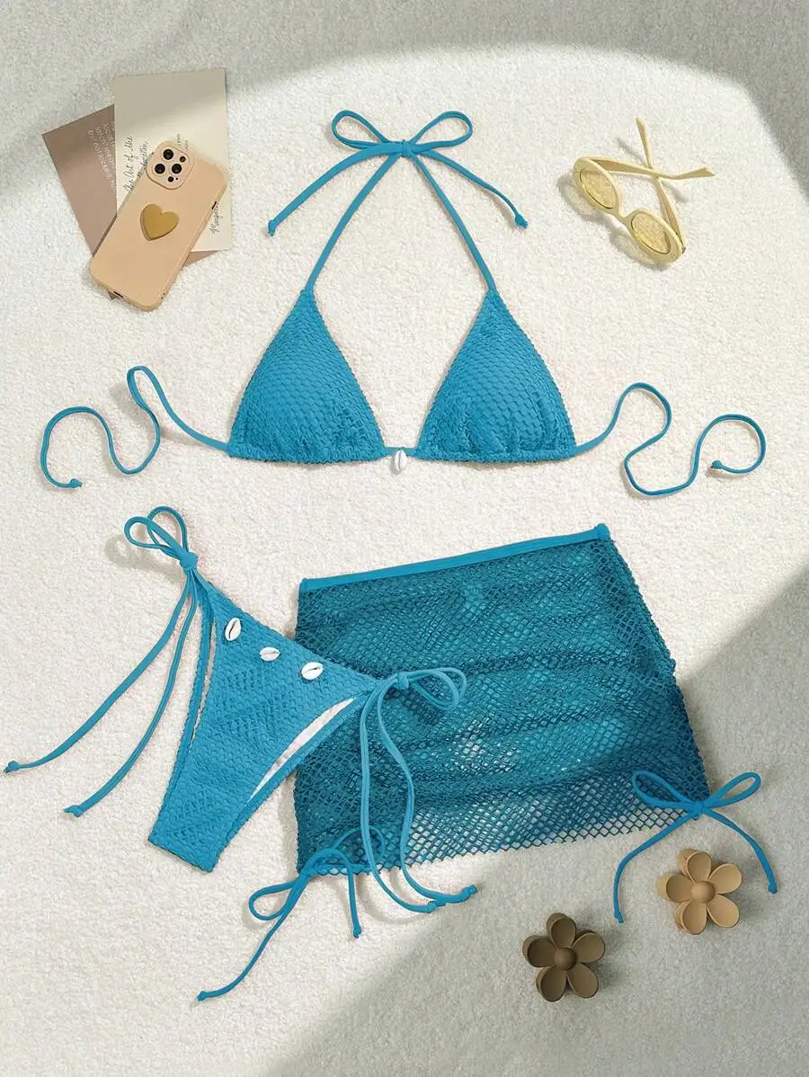 

Women 3 Piece Mesh Swimwear Set Halter Triangle Top With Skirt And Bikini Bottom