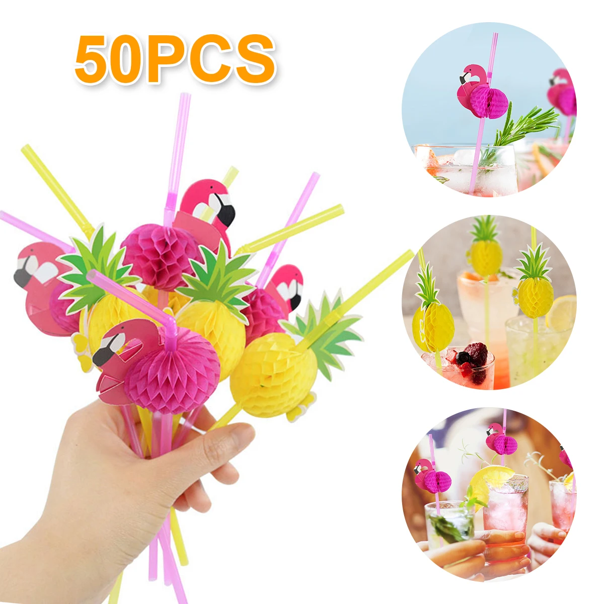 50pcs Paper Drinking Straw 3D Fruit Pineapple Flamingo Design Striped Paper Straws Birthday Party Decoration Wedding Supplies