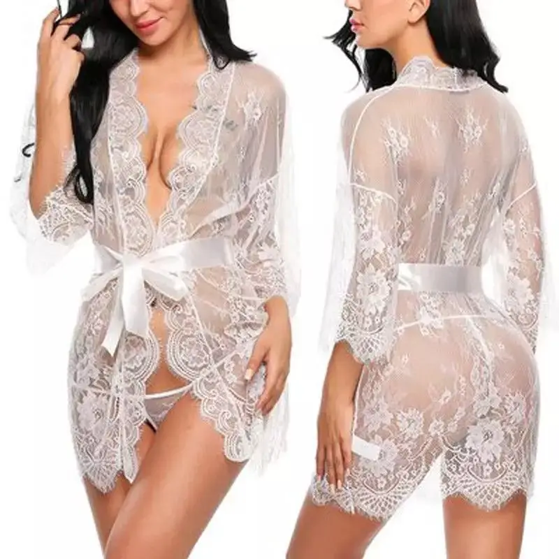 Bayanlar Seksi Dantel Pijama Abiye Seksi Iç Çamaşırı Şeffaf Örgü Elbise Iç Çamaşırı Düz Renk Dantel Bornoz Elbise Seks Kıyafetleri