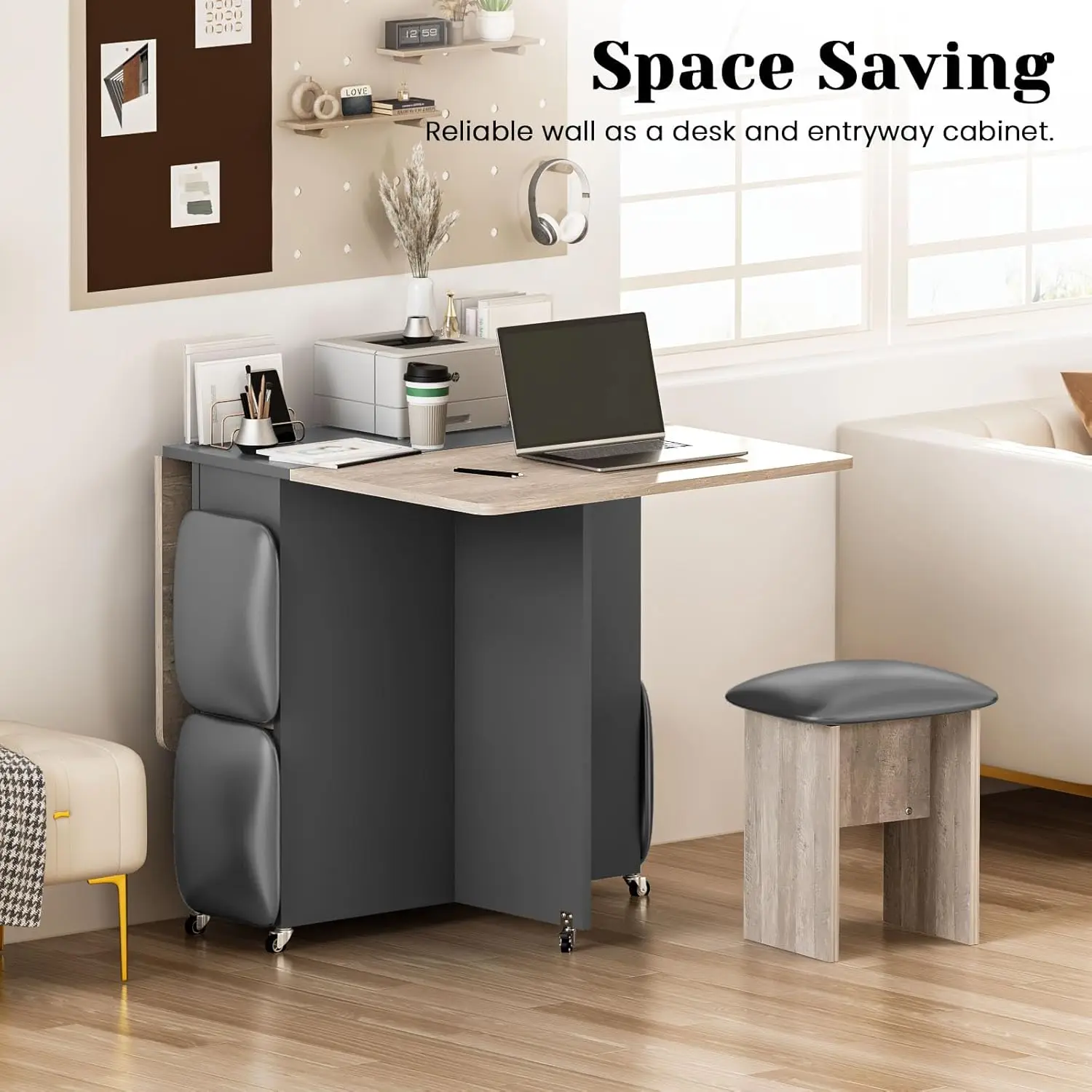 Folding Dining Table Set for 4, Dinner Table with 4 Leather Chairs and Shelves, Space Saving Foldable Dining Table with 6 Wheels image 3