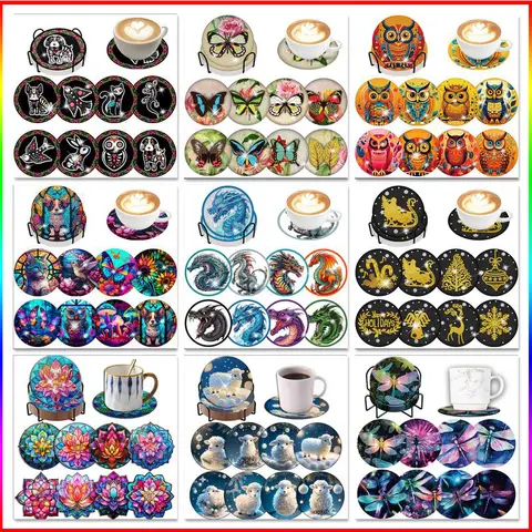 8pcs/Set of DIY Diamond Painted Coasters with Animal Pattern Diamond Art Painting Coasters Cup Holder