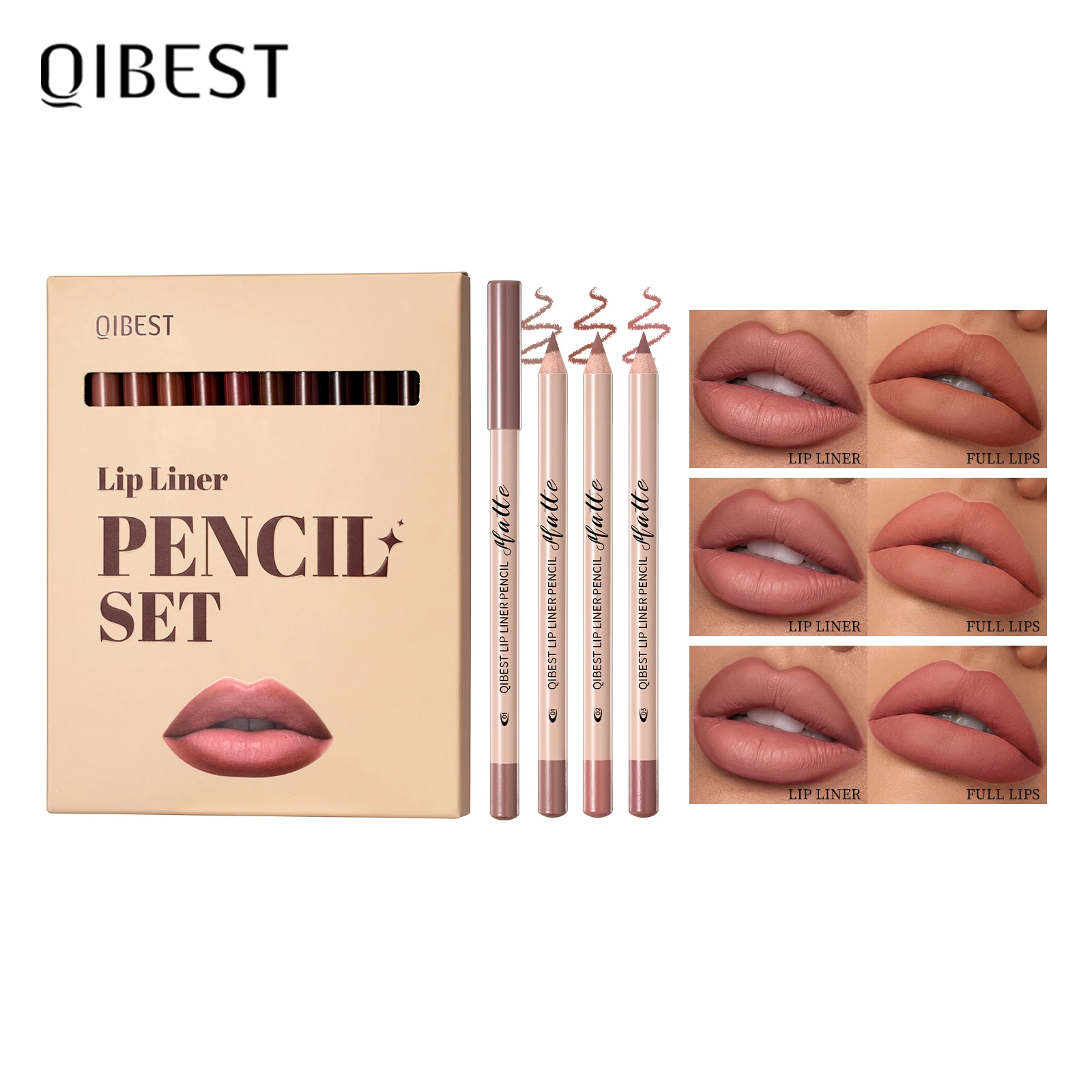 QIBEST 12-Farben-Set aus Naturholz, matt, Lippenstift und Lipliner, Nude, langanhaltendes, wischfestes Lipliner-Set