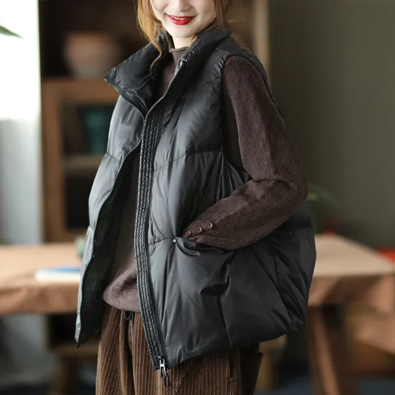 

Warm Autumn Winter Women Down Jacket Sleeveless Cardigan Vest White Duck Down Thicken Puffer Jacket Chic Design Zipper Pockets