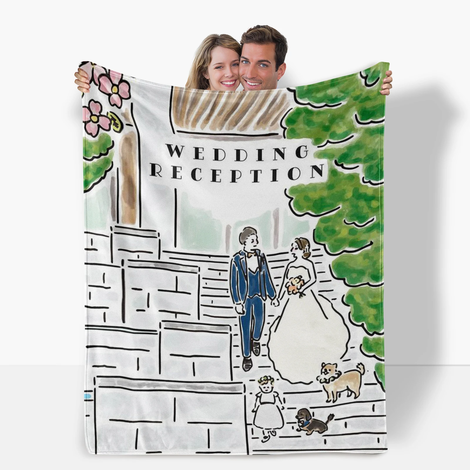 Romantic Sketch Of Newlywed Couple At The Staircase Blanket, A Special Gift For Wedding Season.