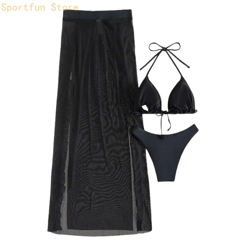 Women Bathing Suit Ladies Backless Swimwear 3 Pcs Split Swimsuit with Long Beach Dress Push Up Swimming Costume Set X7JD