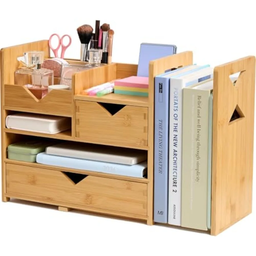 

Bamboo Desk Organizer - Drawers and Adjustable File Holder, Fully Assembled Wood Desktop Storage for Kitchen, Bedroom, Bathroom