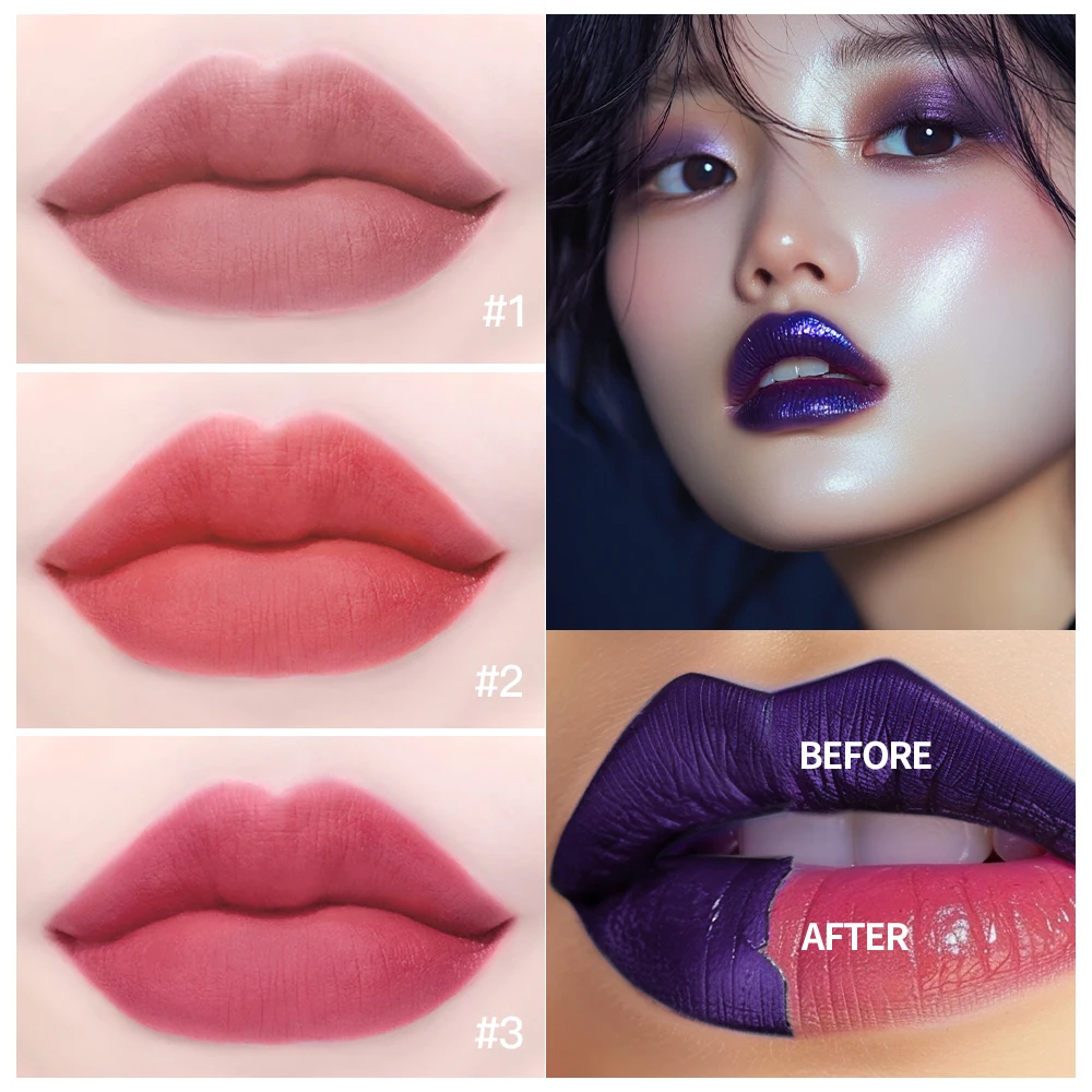 レイカレイン 3色マット仕上げピールオフリップグロス 防水、簡単塗布、色移りしないピールオフリップグロス