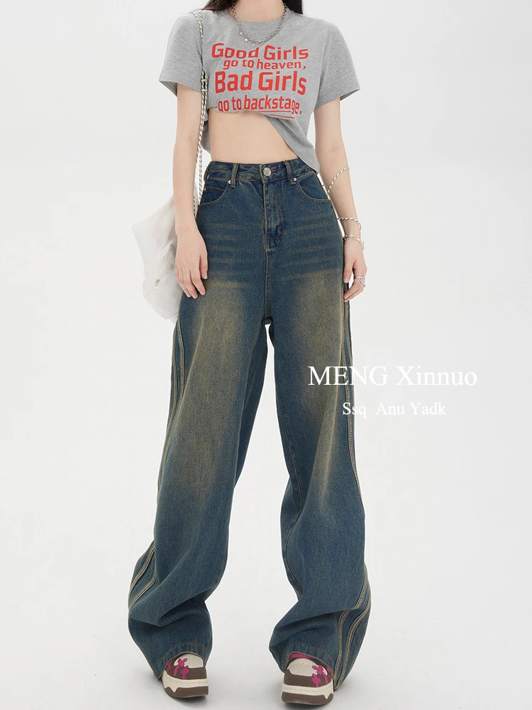 Women Blue Gothic Jeans Vintage Cowboy Pants Aesthetic Harajuku Baggy Denim Trousers Y2k Oversize Trashy 2000s Emo Clothes 2024