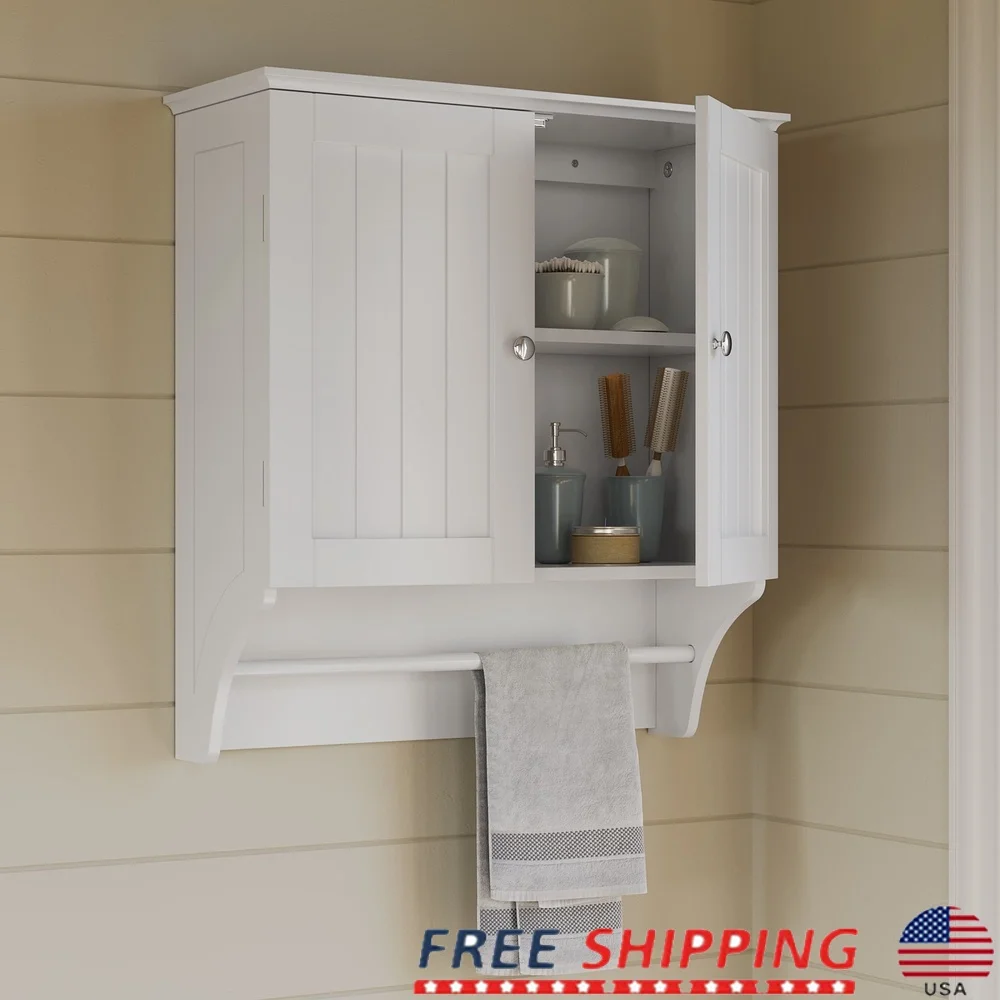 

Two-Door Bathroom Wall Storage Cabinet with Towel Bar Mirrored Knobs Beadboard Doors Over-the-Toilet Organizer Durable MDF