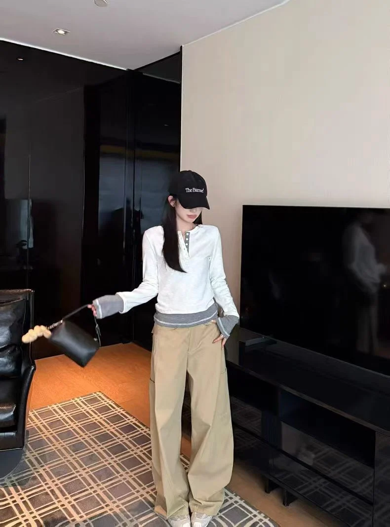 Commute Sle Fce Forrado f Cuello abierto Color Blo Falso Base de dos piezas irt Pequeño irt Versión coreana Slim Fit Algodón...