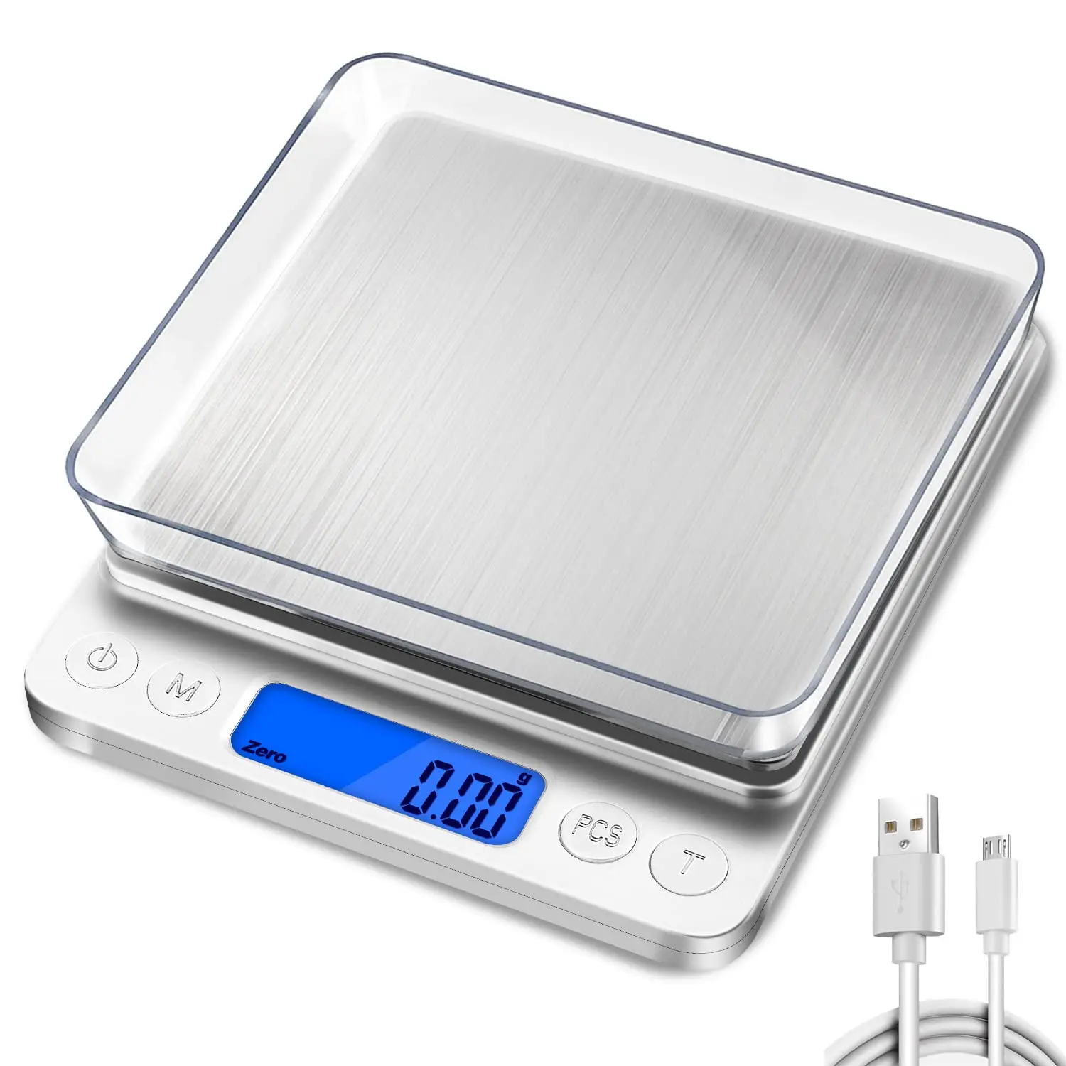 Báscula de alimentos, báscula de cocina recargable con bandejas 3Kg/0,1g, función de tara Gramo de peso digital y onzas para bajar de peso, dieta, B