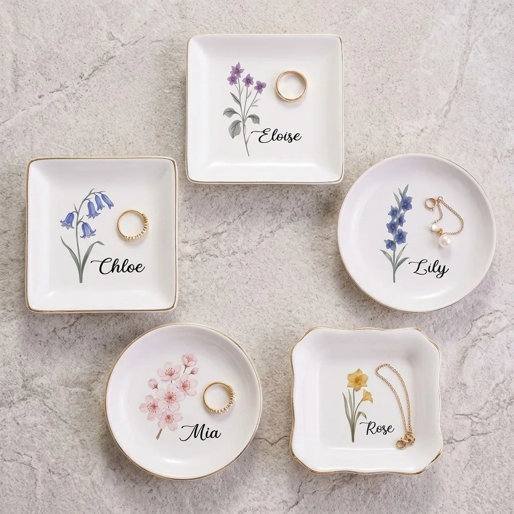 Birth Month Flower Trinket Dish, Gold Edge Ceramic Ring Tray, Custom Name Jewelry Holder, Bridesmaid Wedding Favor Gift.