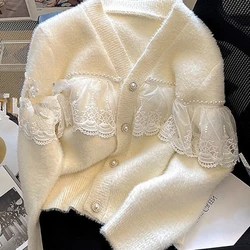 Temperament Cardigan Jacket Women Clothes Patchwork Lace Sueter Mujer Fashion Sweet Beading V-neck Knitwear Sweater Pull Femme