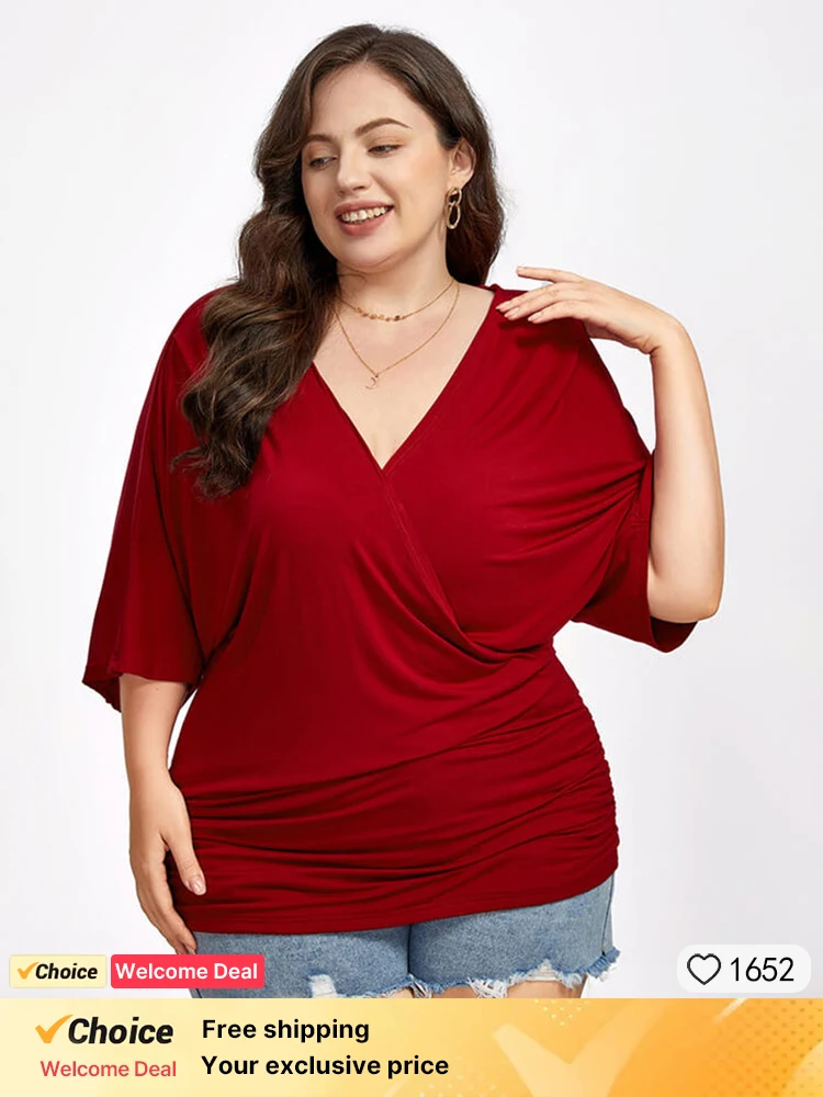 

Plus Sized Clothing Casual Tees Tops Short Sleeve Batwing Sleeve Criss-cross V Neck Ruched Hem Loose Fashion 2024Short T-shirts