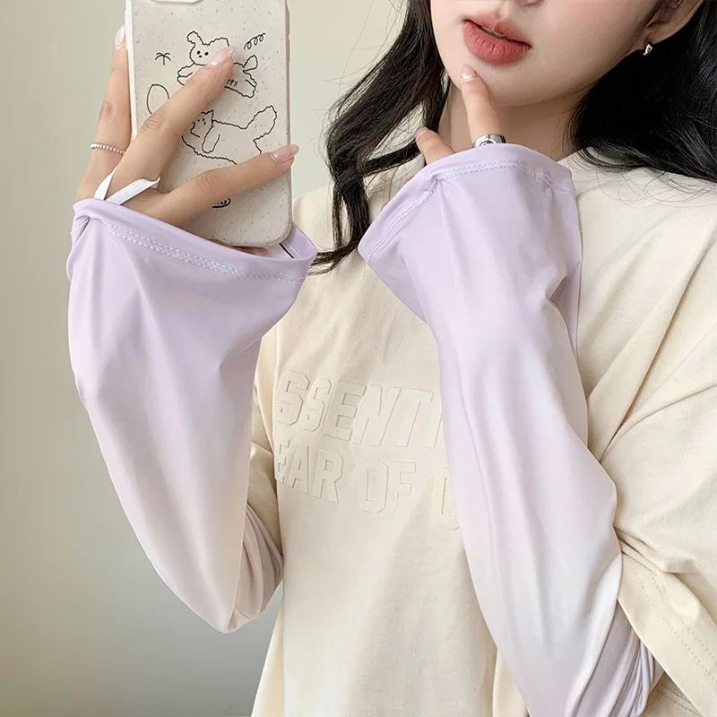 Set lengan pelindung matahari pendukung warna gradien lengan es, lengan terompet sutra es wanita, perlindungan UV luar ruangan, lengan musim panas