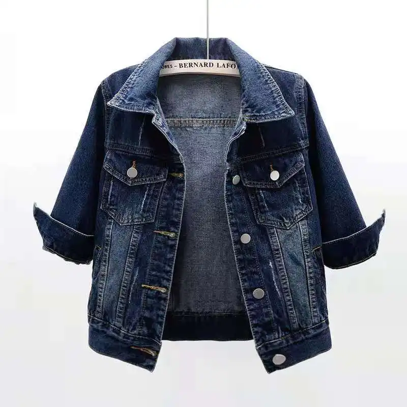 Jaket Denim Musim Panas Wanita Jaket Denim Lengan Tiga Perempat Lengan Ramping Pendek Santai Warna Permen Mantel Jaket Jeans Wanita 5XL