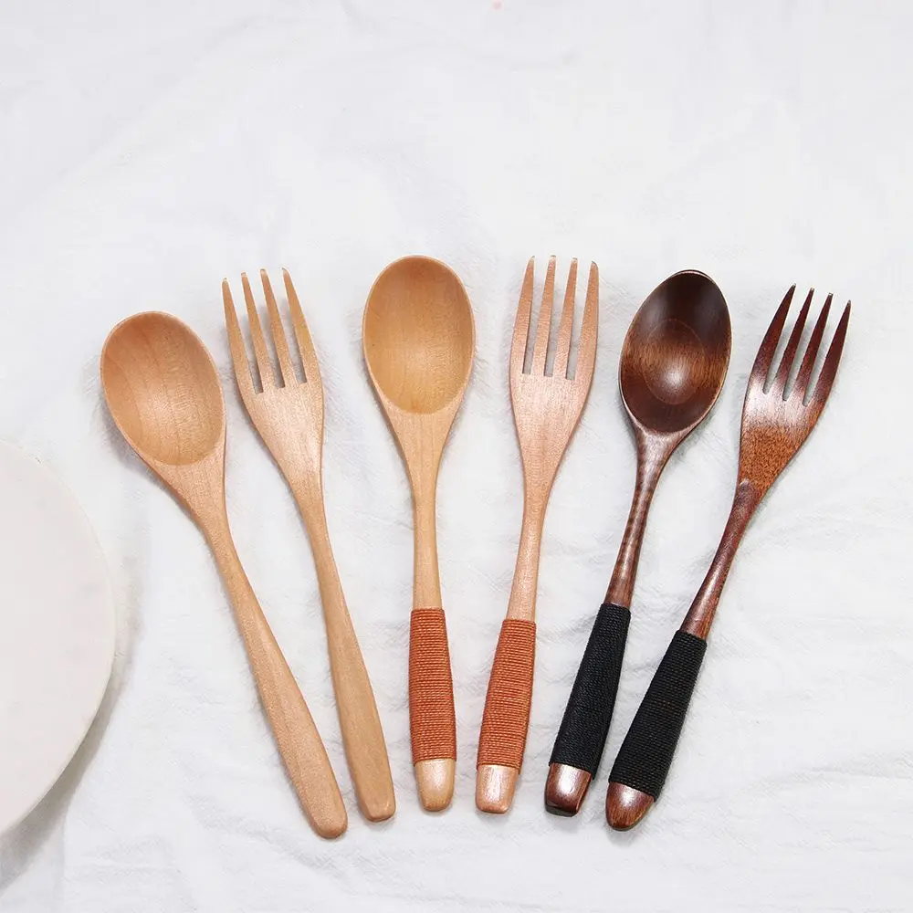 Handmade Wooden Kitchen Supplies Cereal Rice Utensil Fork Dinnerware Sets Spoon Tableware